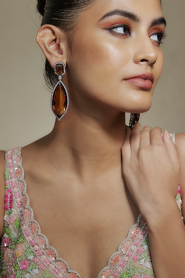 Black Rhodium Finish Baltic Amber Colored Doublet Stone Dangler Earrings by Akulya Jewels at Pernia's Pop Up Shop