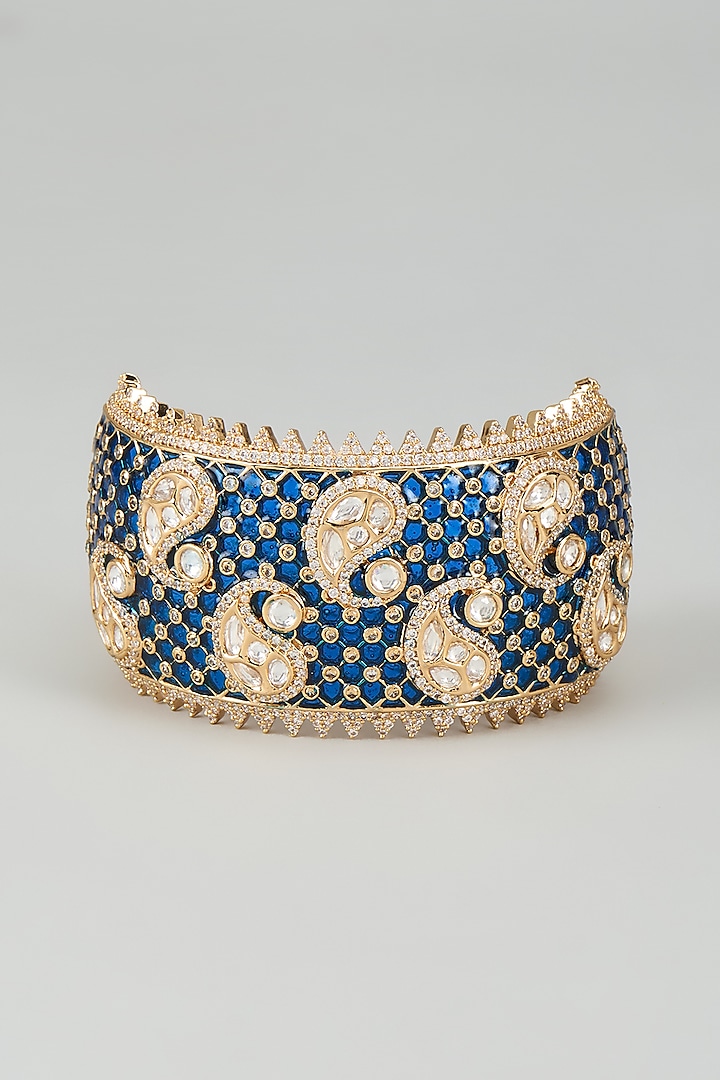 Gold Finish Kundan Polki & White Beaded Meenakari Kada by Akulya Jewels at Pernia's Pop Up Shop