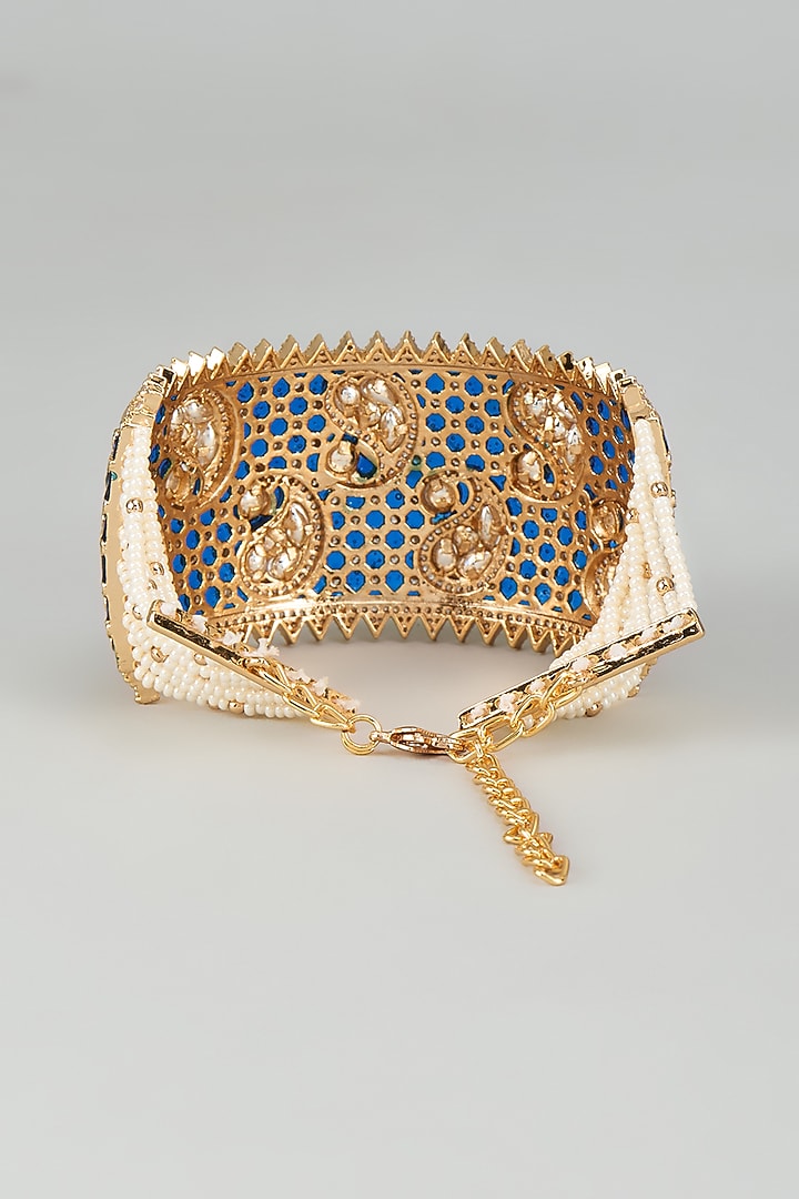 Gold Finish Kundan Polki & White Beaded Meenakari Kada by Akulya Jewels at Pernia's Pop Up Shop