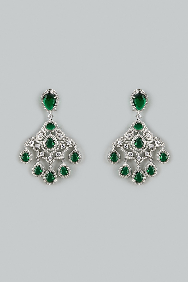 White Finish Cubic Zirconia & Emerald Stone Dangler Earrings by Akulya Jewels at Pernia's Pop Up Shop