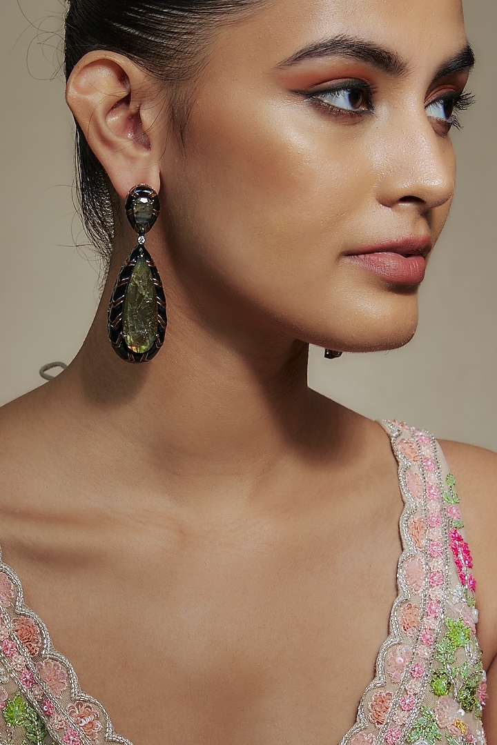 Black Rhodium Finish Labradorite Enameled Dangler Earrings by Akulya Jewels at Pernia's Pop Up Shop