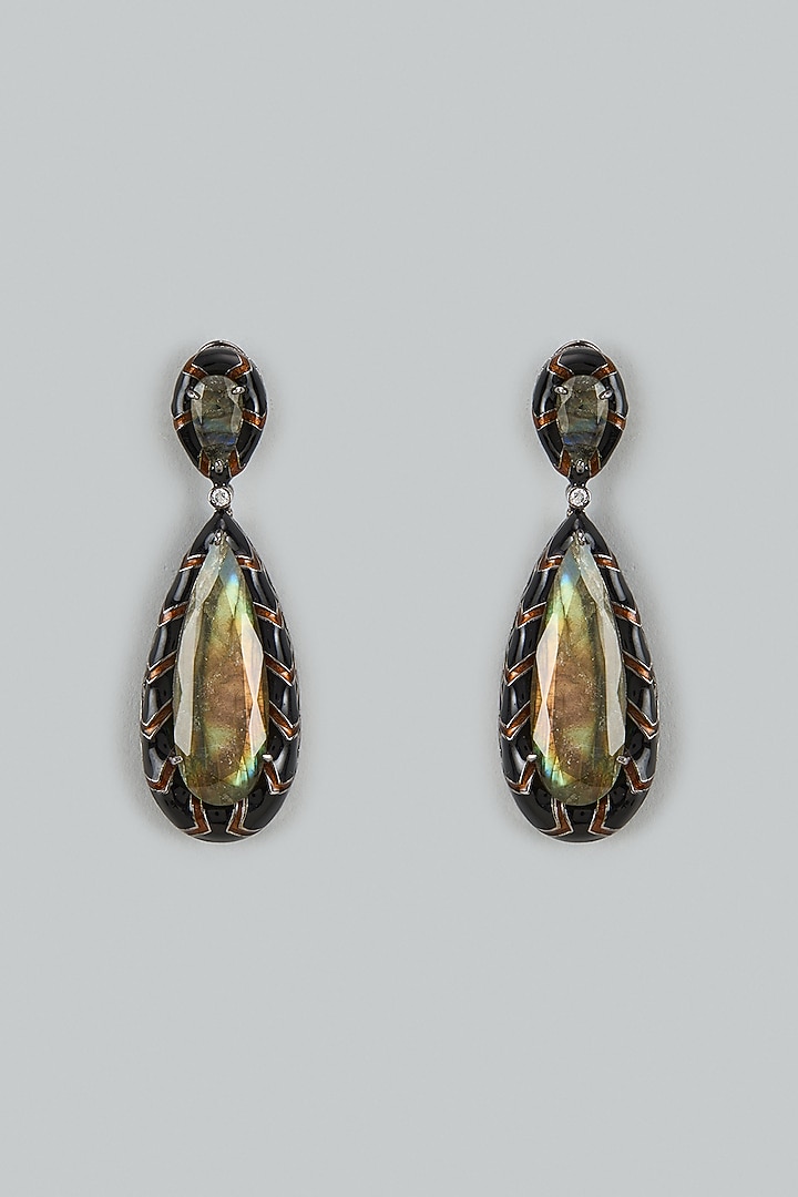 Black Rhodium Finish Labradorite Enameled Dangler Earrings by Akulya Jewels at Pernia's Pop Up Shop