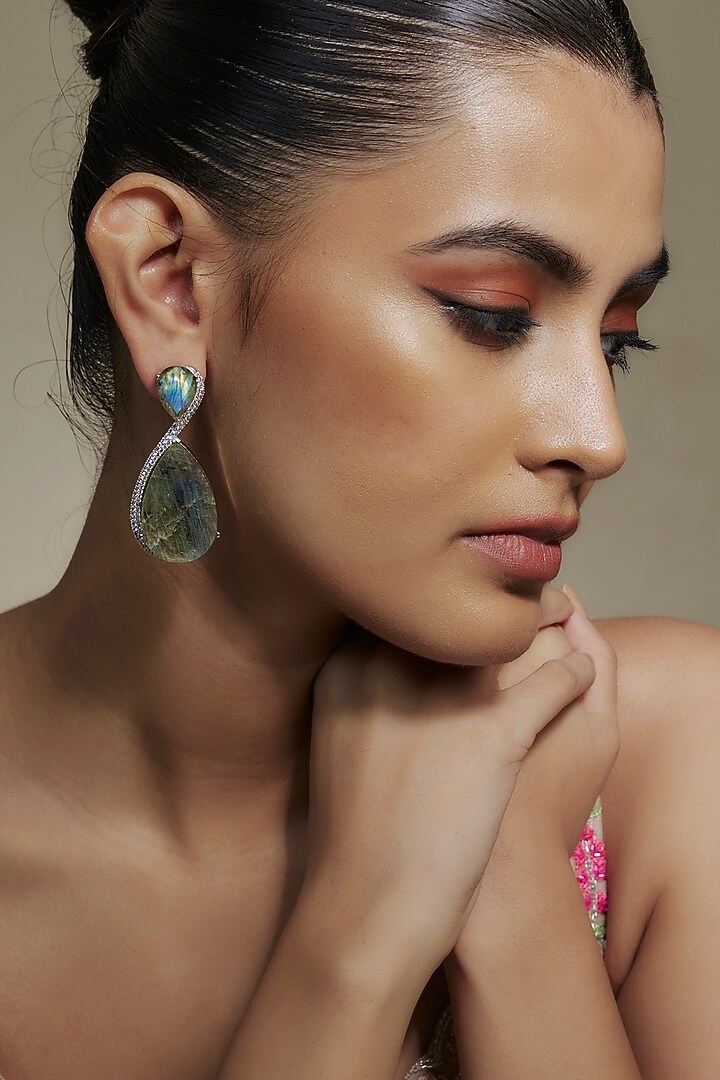 White Finish Cubic Zirconia & Grey Stone Dangler Earrings by Akulya Jewels at Pernia's Pop Up Shop