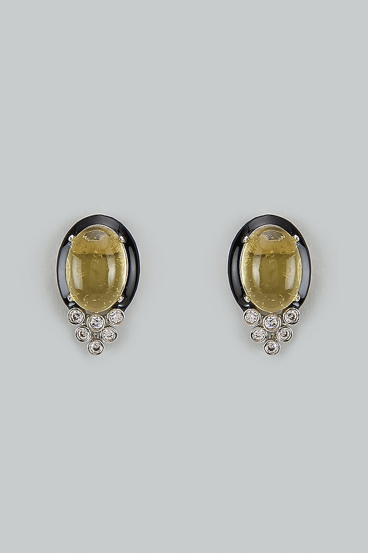 White Finish Cubic Zirconia & Yellow Stone Stud Earrings by Akulya Jewels at Pernia's Pop Up Shop