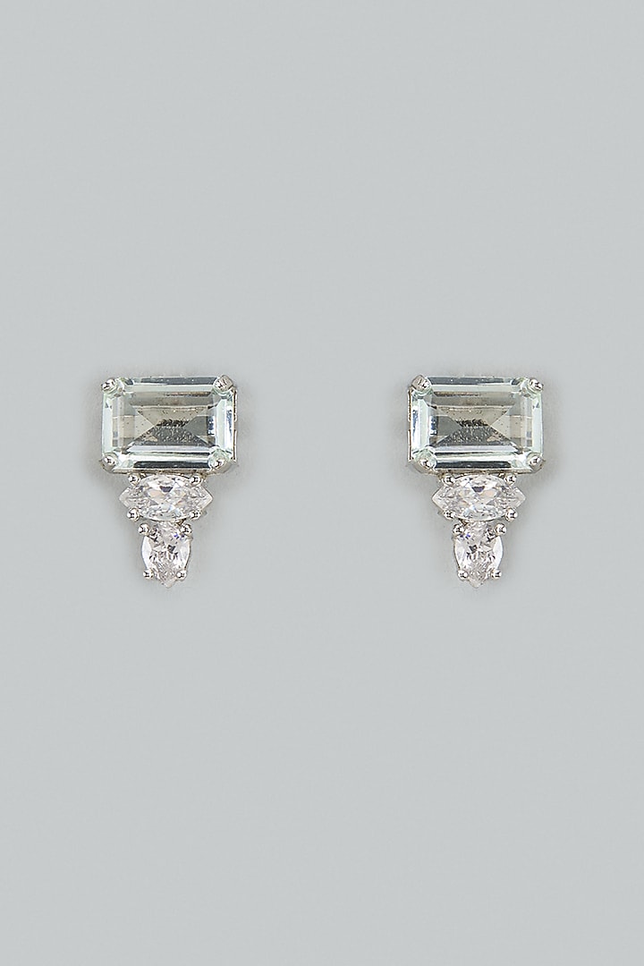 White Finish Cubic Zirconia & Aqua Stone Stud Earrings by Akulya Jewels at Pernia's Pop Up Shop