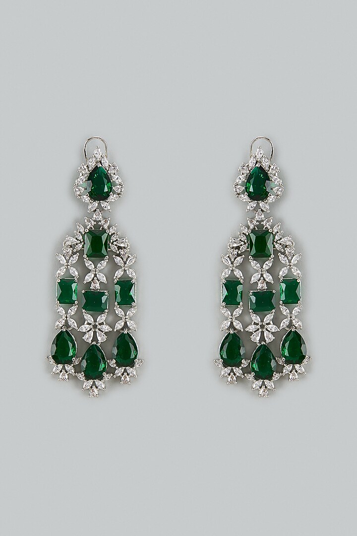 White Finish Cubic Zirconia & Emerald Stone Dangler Earrings by Akulya Jewels at Pernia's Pop Up Shop