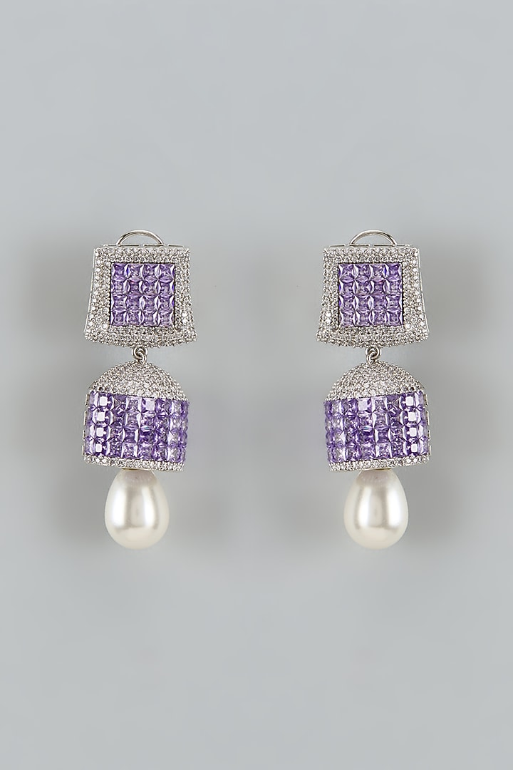 White Finish Cubic Zirconia & Pearl Dangler Earrings by Akulya Jewels at Pernia's Pop Up Shop