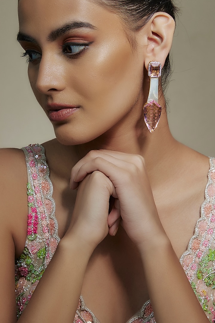 White Finish Cubic Zirconia & Mother Of Pearl Dangler Earrings by Akulya Jewels at Pernia's Pop Up Shop