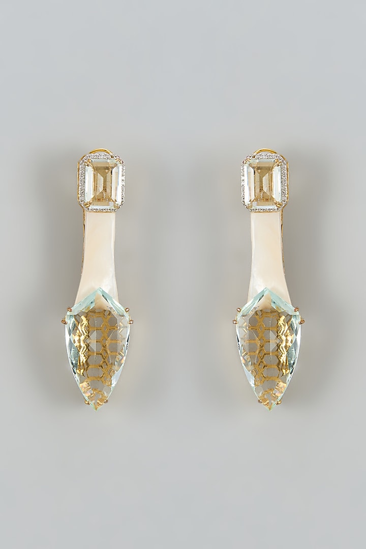 White Finish Cubic Zirconia & Mother Of Pearl Dangler Earrings by Akulya Jewels at Pernia's Pop Up Shop