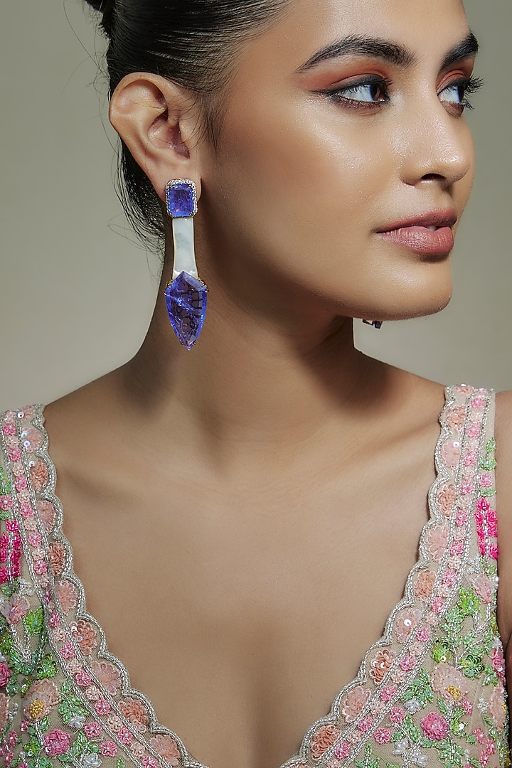 White Finish Cubic Zirconia & Mother Of Pearl Dangler Earrings by Akulya Jewels at Pernia's Pop Up Shop