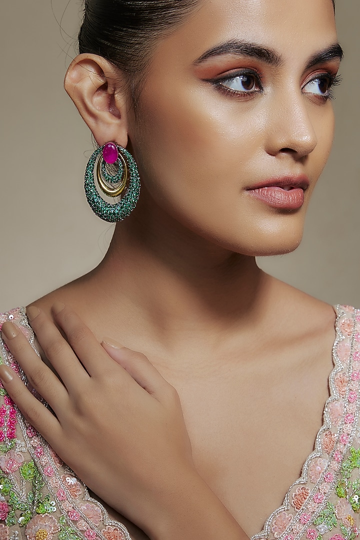 Gold Finish Pink Doublet & Cubic Zirconia Dangler Earrings by Akulya Jewels at Pernia's Pop Up Shop