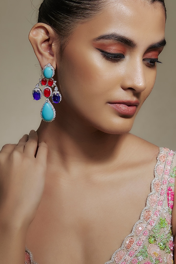 White Finish Cubic Zirconia & Stone Dangler Earrings by Akulya Jewels at Pernia's Pop Up Shop