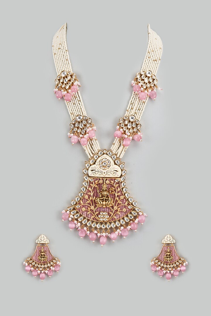 Gold Finish Kundan Polki Meenakari Mala Set by Akulya Jewels at Pernia's Pop Up Shop