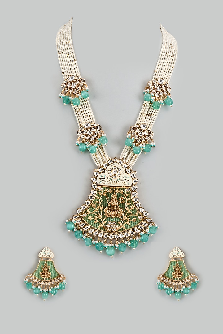 Gold Finish Kundan Polki Meenakari Mala Set by Akulya Jewels at Pernia's Pop Up Shop