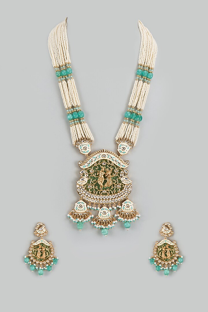 Gold Finish Kundan Polki Meenakari Mala Set by Akulya Jewels at Pernia's Pop Up Shop