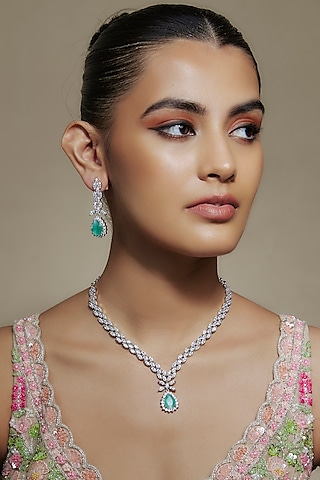 White Finish Mint Stone & Cubic Zirconia Necklace Set by Akulya Jewels