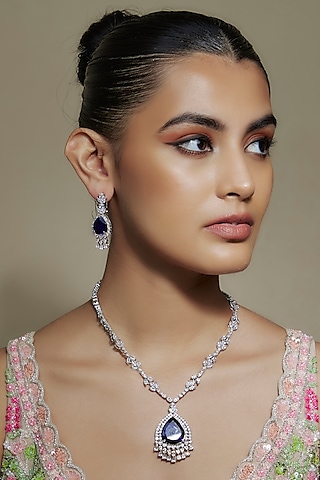 White Finish Purple Stone & Cubic Zirconia Necklace Set by Akulya Jewels