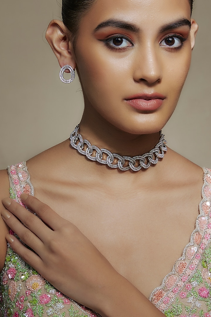 White Finish Cubic Zirconia Choker Necklace Set by Akulya Jewels at Pernia's Pop Up Shop