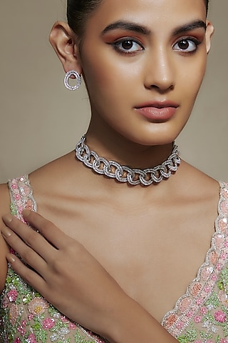 White Finish Cubic Zirconia Choker Necklace Set by Akulya Jewels