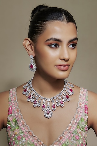 White Finish Ruby Stone & Cubic Zirconia Necklace Set by Akulya Jewels