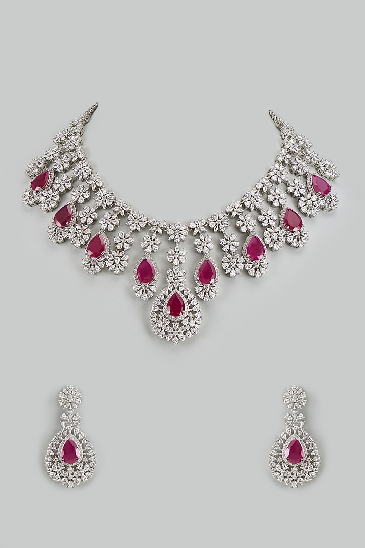 White Finish Ruby Stone & Cubic Zirconia Necklace Set by Akulya Jewels at Pernia's Pop Up Shop