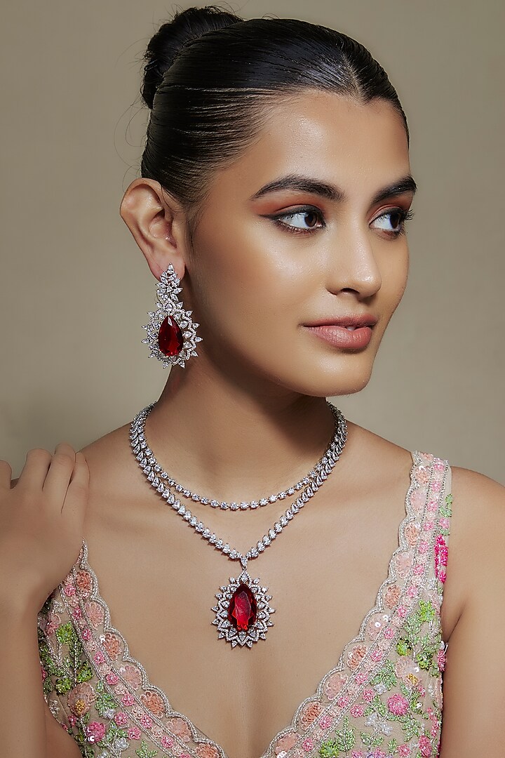 White Finish Ruby Stone & Cubic Zirconia Necklace Set by Akulya Jewels at Pernia's Pop Up Shop