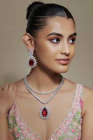 White Finish Ruby Stone & Cubic Zirconia Necklace Set by Akulya Jewels