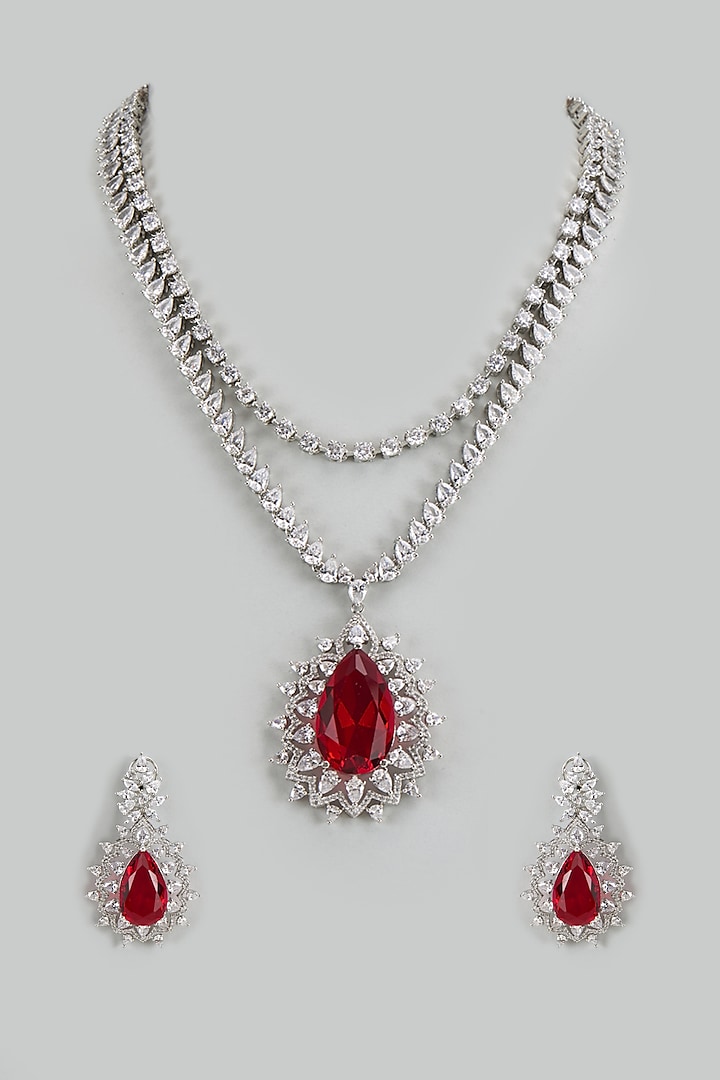 White Finish Ruby Stone & Cubic Zirconia Necklace Set by Akulya Jewels at Pernia's Pop Up Shop