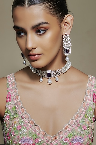 White Finish Pearl & Cubic Zirconia Choker Necklace Set by Akulya Jewels