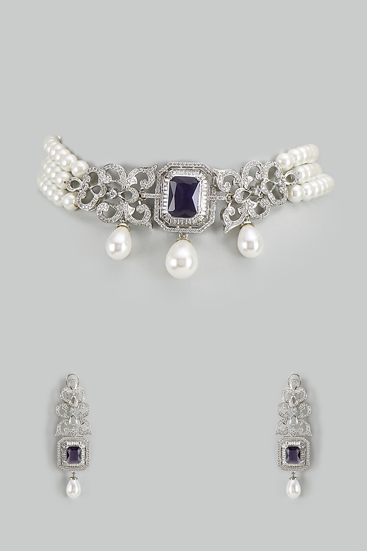 White Finish Pearl & Cubic Zirconia Choker Necklace Set by Akulya Jewels at Pernia's Pop Up Shop