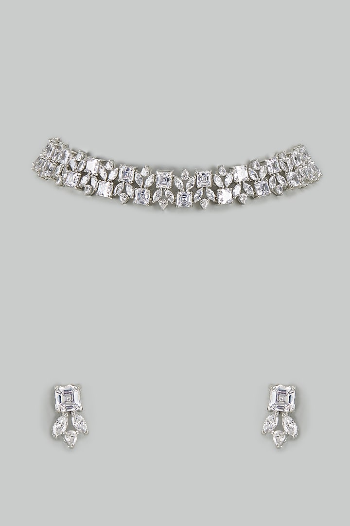White Finish Cubic Zirconia Choker Necklace Set by Akulya Jewels at Pernia's Pop Up Shop
