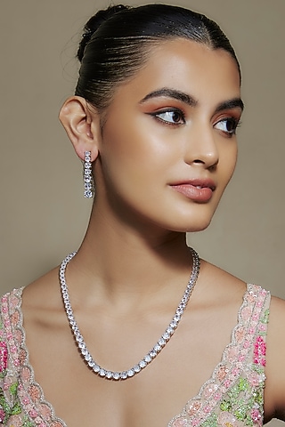 White Finish Cubic Zirconia Long Necklace Set by Akulya Jewels
