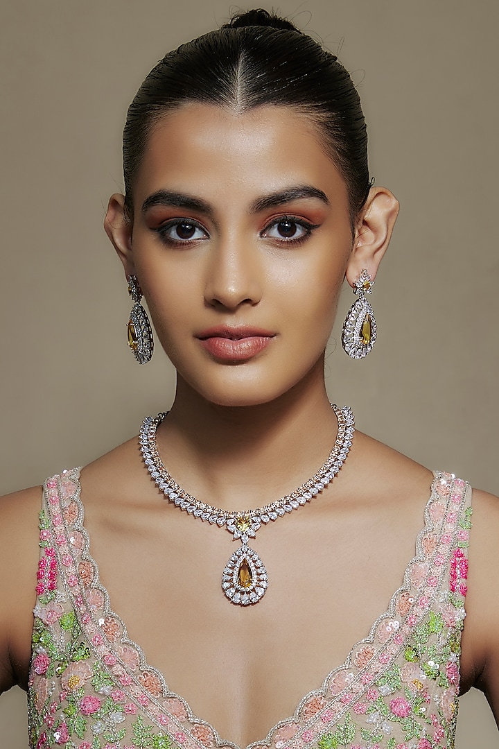 White Finish Cubic Zirconia & Yellow Citrine Necklace Set by Akulya Jewels at Pernia's Pop Up Shop