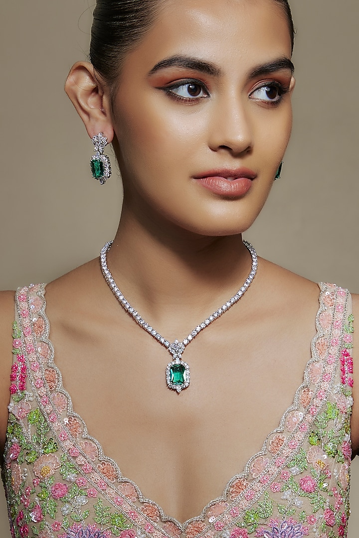 White Finish Cubic Zirconia & Emerald Stone Necklace Set by Akulya Jewels at Pernia's Pop Up Shop