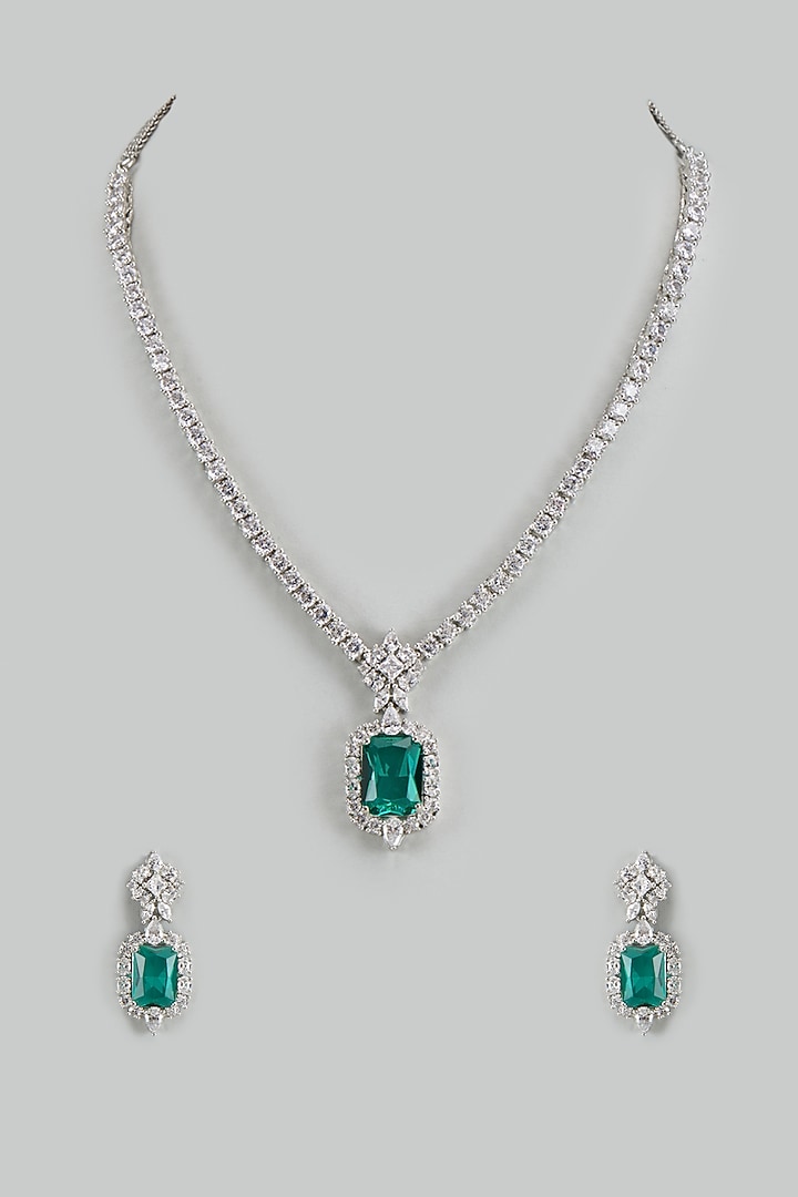 White Finish Cubic Zirconia & Emerald Stone Necklace Set by Akulya Jewels at Pernia's Pop Up Shop