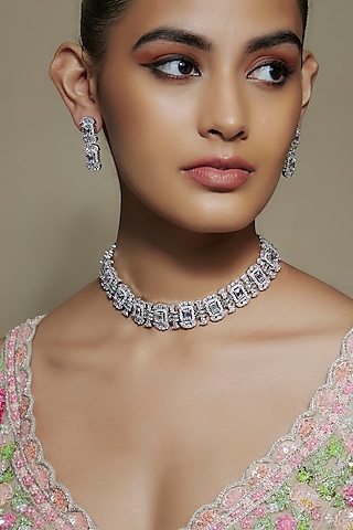 White Finish Cubic Zirconia Choker Necklace Set by Akulya Jewels