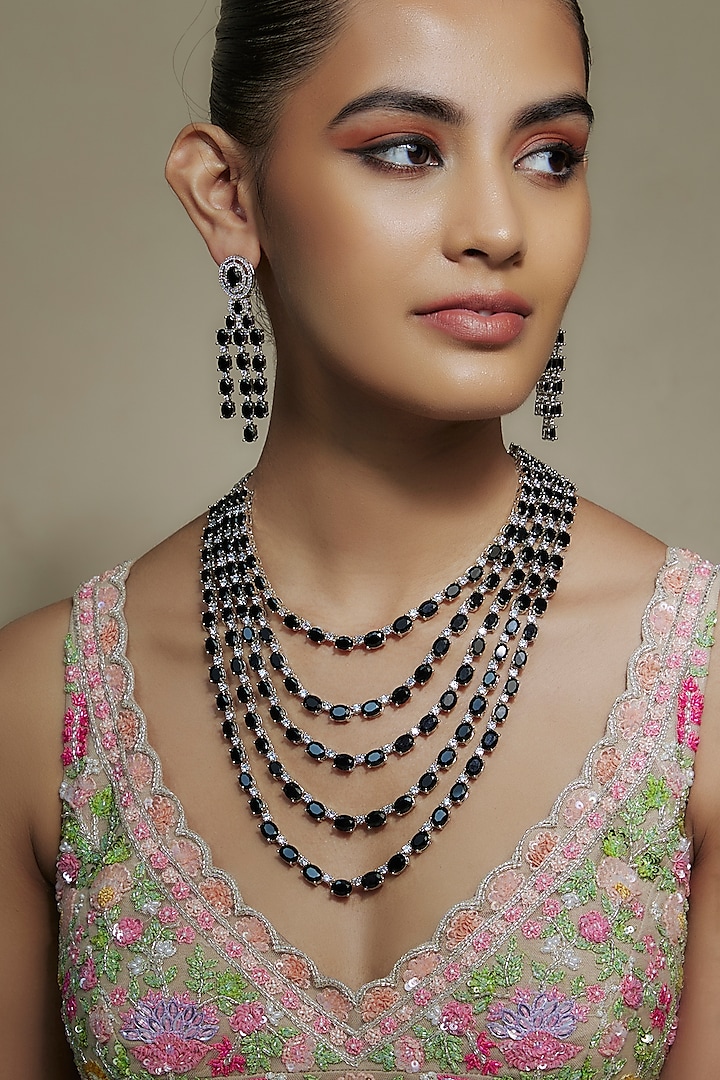 White Finish Cubic Zirconia Layered Necklace Set by Akulya Jewels at Pernia's Pop Up Shop