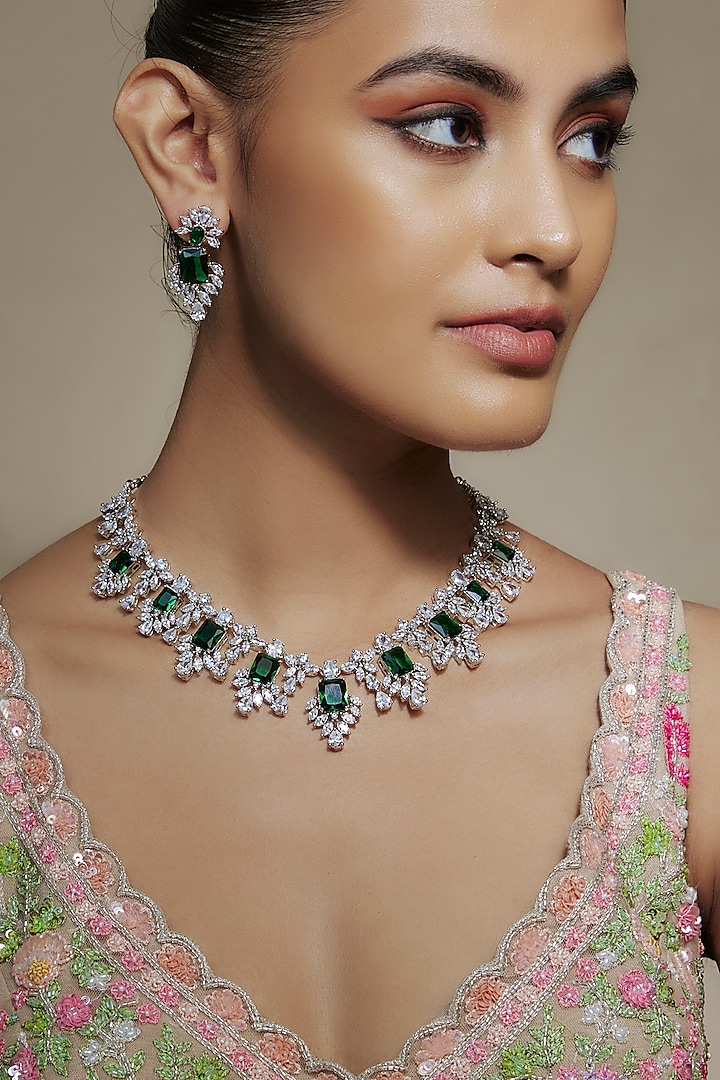 White Finish Cubic Zirconia & Emerald Stone Necklace Set by Akulya Jewels at Pernia's Pop Up Shop