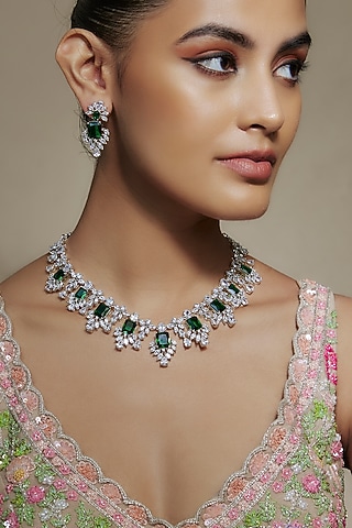 White Finish Cubic Zirconia & Emerald Stone Necklace Set by Akulya Jewels