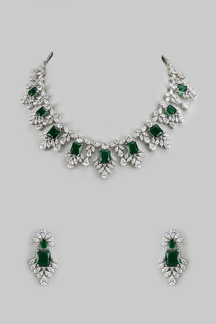 White Finish Cubic Zirconia & Emerald Stone Necklace Set by Akulya Jewels at Pernia's Pop Up Shop