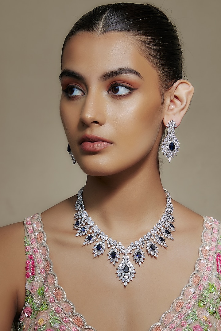 White Finish Cubic Zirconia & Sapphire Stone Necklace Set by Akulya Jewels at Pernia's Pop Up Shop