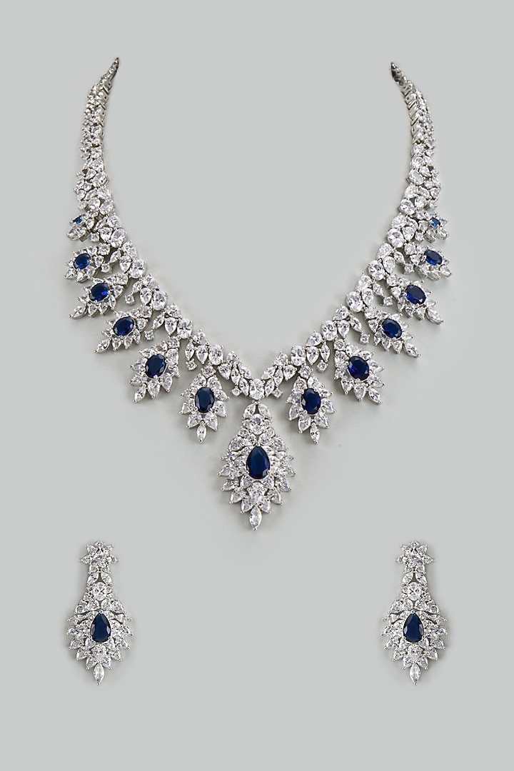 White Finish Cubic Zirconia & Sapphire Stone Necklace Set by Akulya Jewels at Pernia's Pop Up Shop