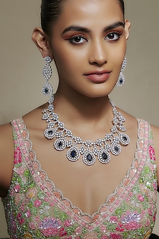 White Finish Cubic Zirconia & Sapphire Stone Necklace Set by Akulya Jewels