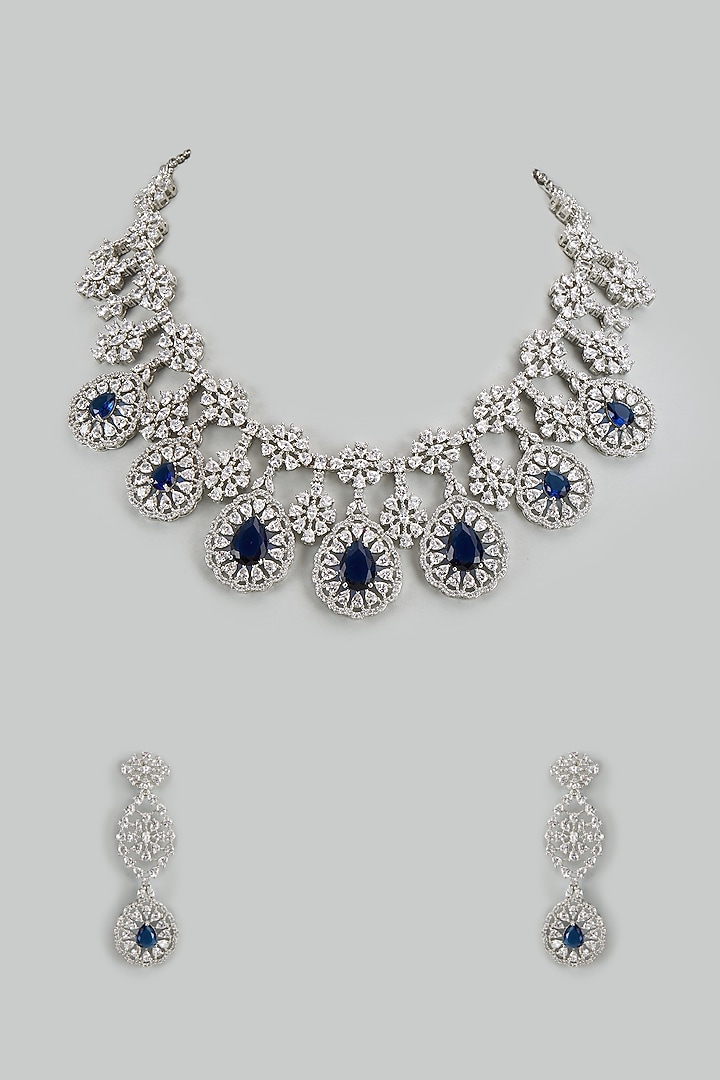 White Finish Cubic Zirconia & Sapphire Stone Necklace Set by Akulya Jewels at Pernia's Pop Up Shop