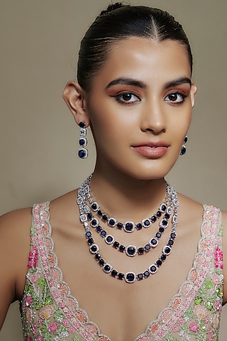 White Finish Cubic Zirconia & Sapphire Stone Layered Necklace Set by Akulya Jewels