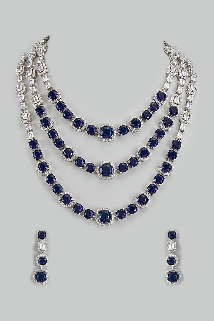 White Finish Cubic Zirconia & Sapphire Stone Layered Necklace Set by Akulya Jewels at Pernia's Pop Up Shop