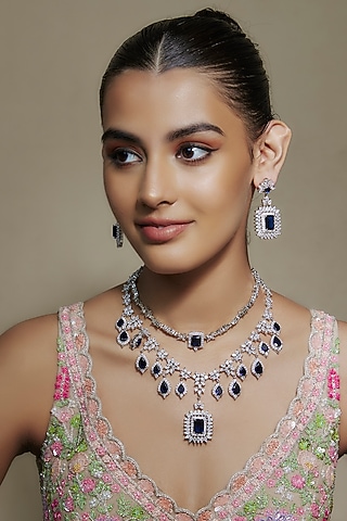 White Finish Cubic Zirconia & Sapphire Stone Necklace Set by Akulya Jewels