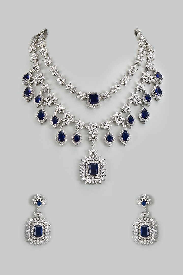 White Finish Cubic Zirconia & Sapphire Stone Necklace Set by Akulya Jewels at Pernia's Pop Up Shop