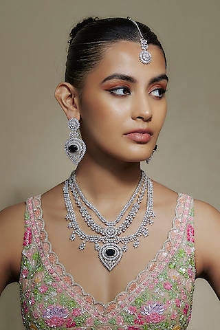 White Finish Cubic Zirconia Layered Necklace Set by Akulya Jewels