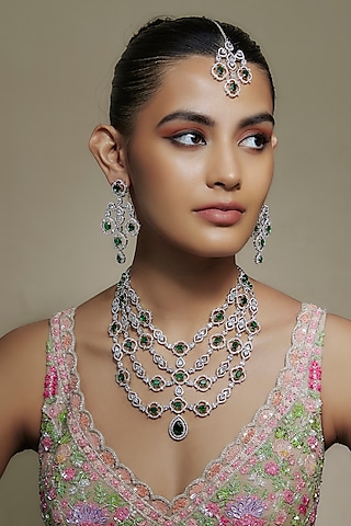 White Finish Cubic Zirconia & Emerald Stone Layered Necklace Set by Akulya Jewels